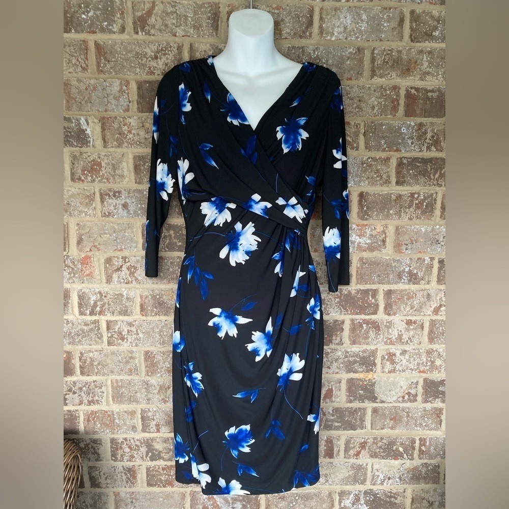 Ralph Lauren sheath dress  black blue white  knee midi fashion floral NWT size 8